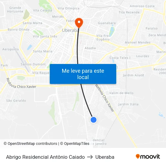 Abrigo Residencial Antônio Caiado to Uberaba map