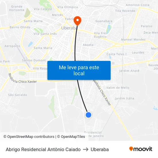 Abrigo Residencial Antônio Caiado to Uberaba map