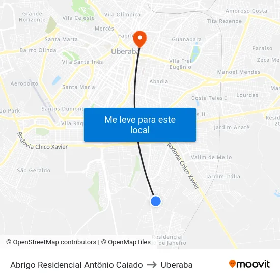Abrigo Residencial Antônio Caiado to Uberaba map