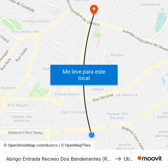 Abrigo Entrada Recreio Dos Bandeirantes (Rua Francisco Corrêa Costa Júnior) to Uberaba map