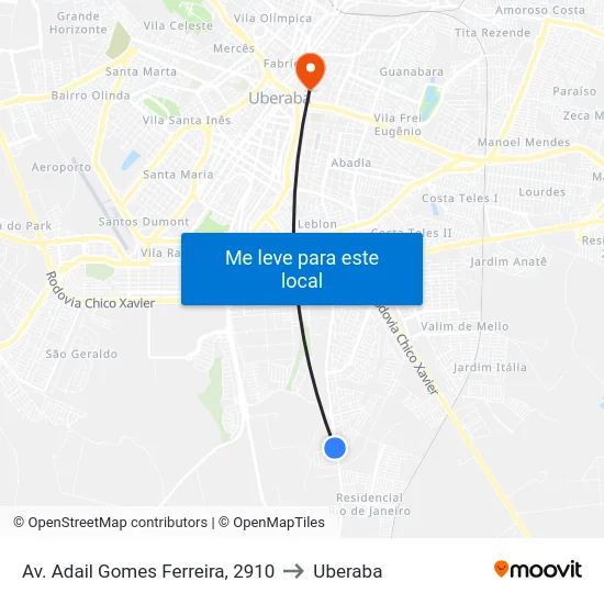 Av. Adail Gomes Ferreira, 2910 to Uberaba map
