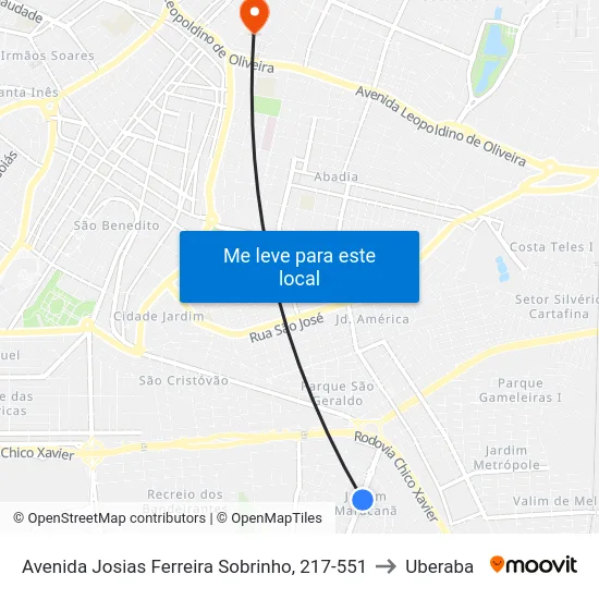 Avenida Josias Ferreira Sobrinho, 217-551 to Uberaba map