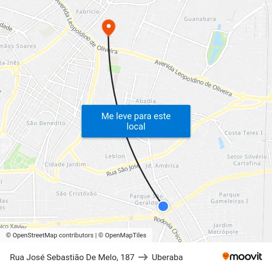 Rua José Sebastião De Melo, 187 to Uberaba map