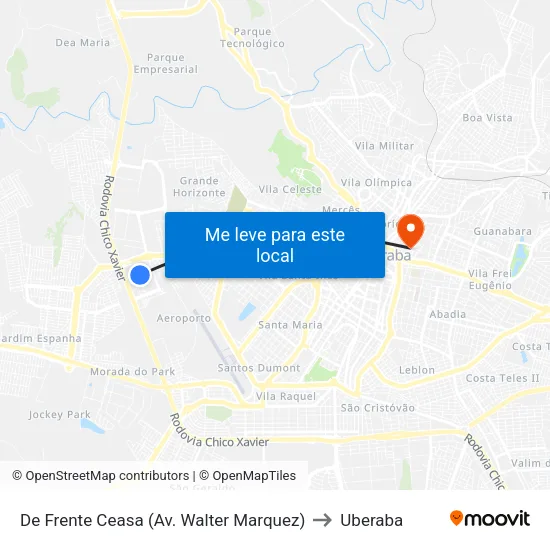 De Frente Ceasa (Av. Walter Marquez) to Uberaba map