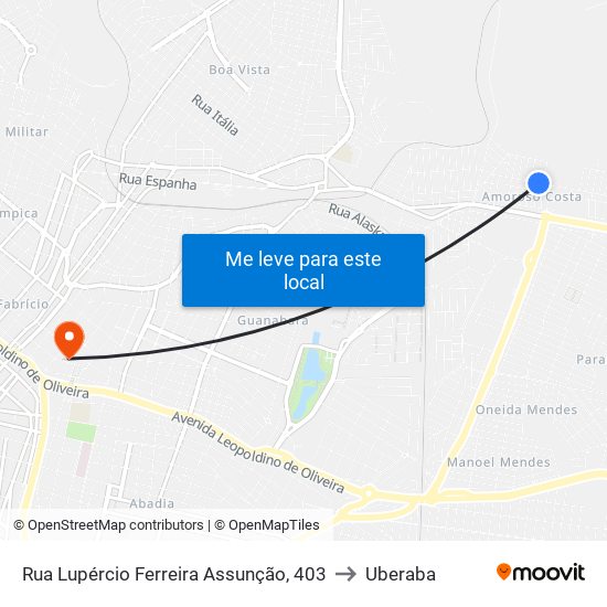 Rua Lupércio Ferreira Assunção, 403 to Uberaba map