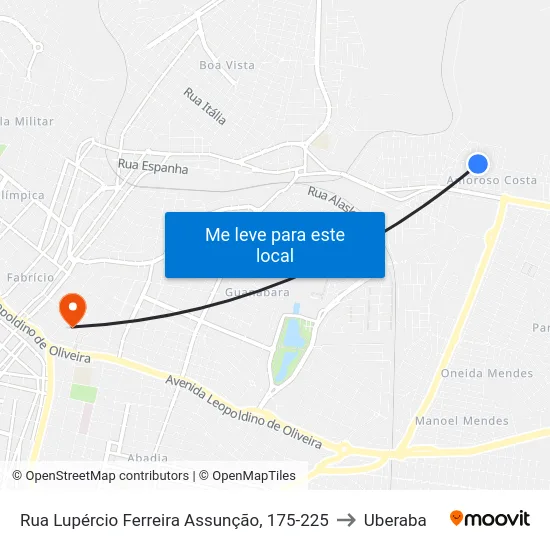 Rua Lupércio Ferreira Assunção, 175-225 to Uberaba map