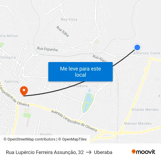 Rua Lupércio Ferreira Assunção, 32 to Uberaba map