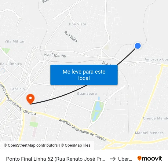 Ponto Final Linha 62 (Rua Renato José Prudêncio) to Uberaba map