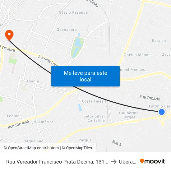 Rua Vereador Francisco Prata Decina, 131-161 to Uberaba map