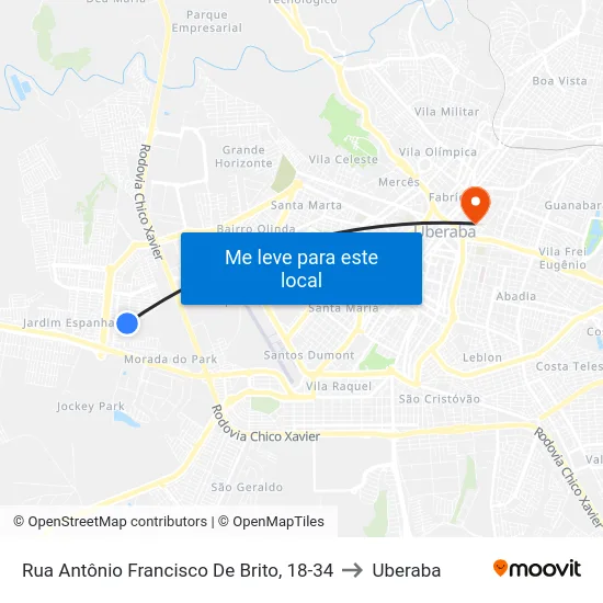 Rua Antônio Francisco De Brito, 18-34 to Uberaba map