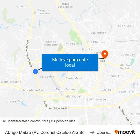 Abrigo Makro (Av. Coronel Cacildo Arantes) to Uberaba map