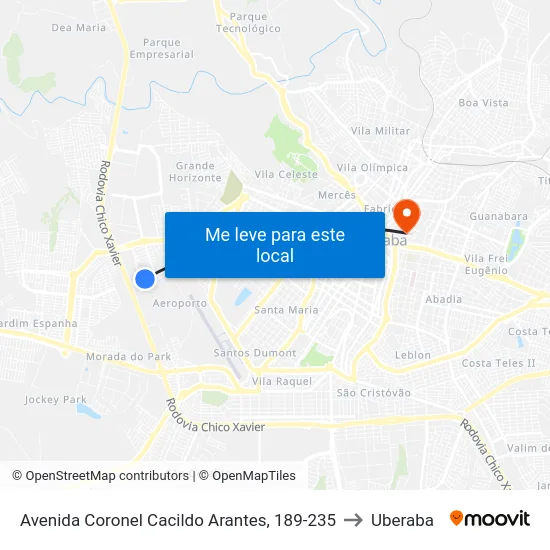 Avenida Coronel Cacildo Arantes, 189-235 to Uberaba map