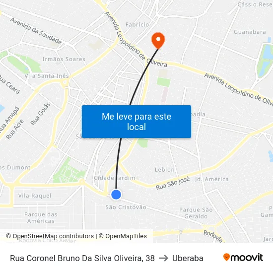 Rua Coronel Bruno Da Silva Oliveira, 38 to Uberaba map