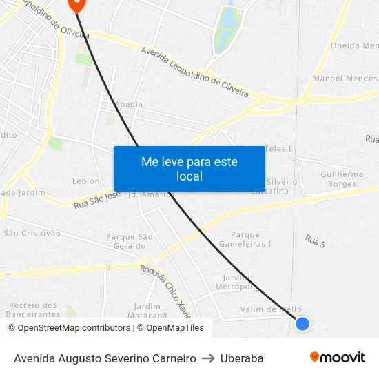 Avenida Augusto Severino Carneiro to Uberaba map