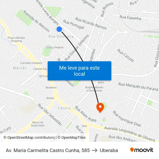Av. Maria Carmelita Castro Cunha, 585 to Uberaba map