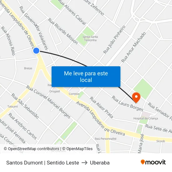 Santos Dumont | Sentido Leste to Uberaba map