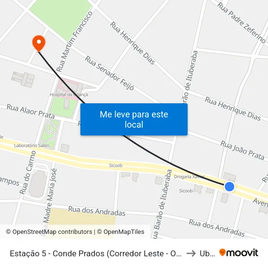Estação 5 - Conde Prados (Corredor Leste - Oeste / Linha Verde) - Av. Leopoldino De Oliveira to Uberaba map