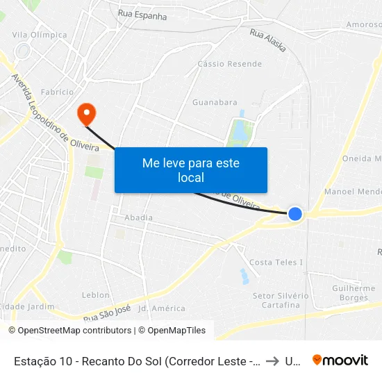 Estação 10 - Recanto Do Sol (Corredor Leste - Oeste / Linha Verde) - Av. Leopoldino De Oliveira to Uberaba map