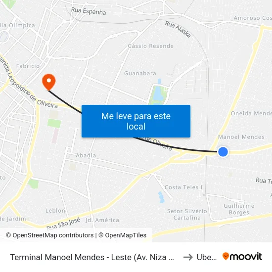 Terminal Manoel Mendes - Leste (Av. Niza Marques Guaritá, 181) to Uberaba map