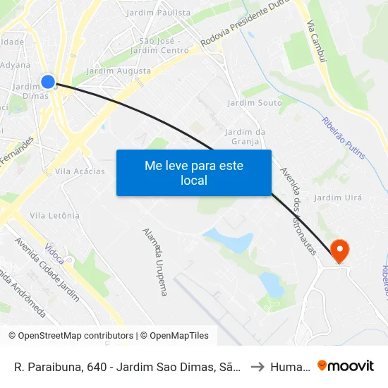 R. Paraibuna, 640 - Jardim Sao Dimas, São José Dos Campos to Humanitas map