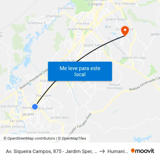 Av. Siqueira Campos, 875 - Jardim Sper, Jacareí to Humanitas map
