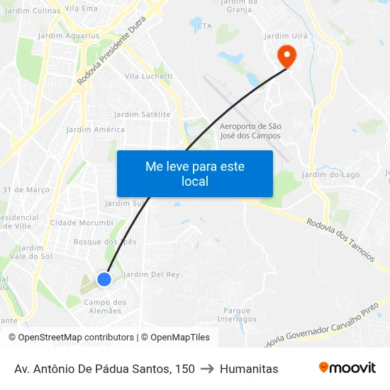 Av. Antônio De Pádua Santos, 150 to Humanitas map