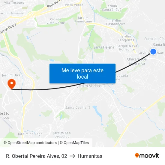 R. Obertal Pereira Alves, 02 to Humanitas map