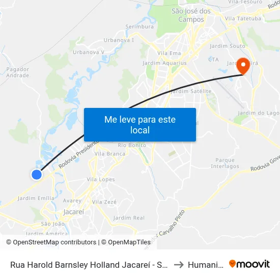 Rua Harold Barnsley Holland Jacareí - SP Brasil to Humanitas map