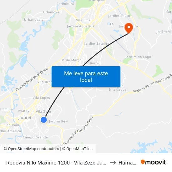 Rodovia Nilo Máximo 1200 - Vila Zeze Jacareí - SP Brasil to Humanitas map
