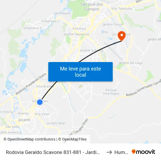 Rodovia Geraldo Scavone 831-881 - Jardim Califórnia Jacareí - SP Brasil to Humanitas map