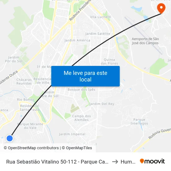 Rua Sebastião Vitalino 50-112 - Parque Califórnia Jacareí - SP Brasil to Humanitas map