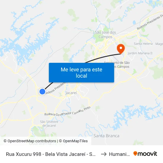 Rua Xucuru 998 - Bela Vista Jacareí - SP Brasil to Humanitas map