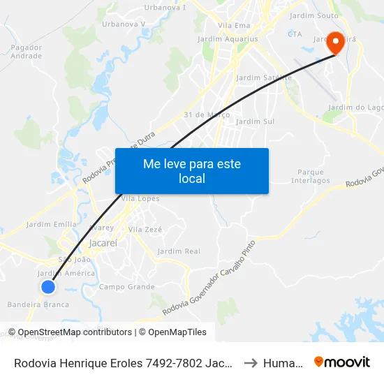 Rodovia Henrique Eroles 7492-7802 Jacareí - SP Brasil to Humanitas map