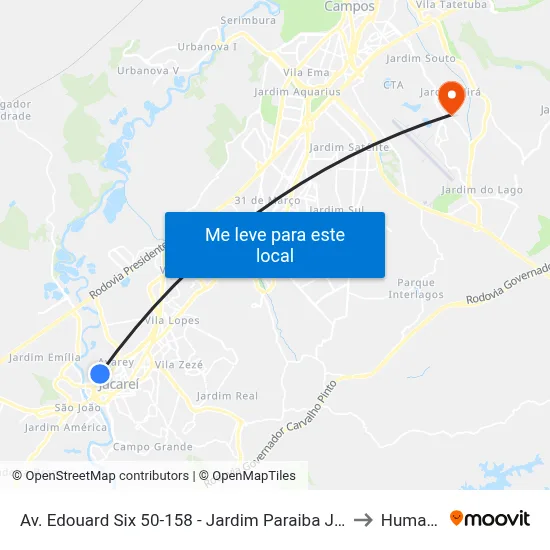 Av. Edouard Six 50-158 - Jardim Paraiba Jacareí - SP Brasil to Humanitas map