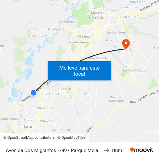 Avenida Dos Migrantes 1-89 - Parque Meia Lua Jacareí - SP Brasil to Humanitas map