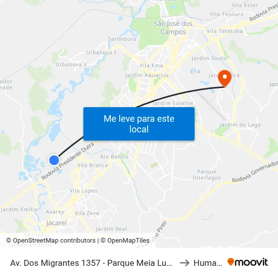 Av. Dos Migrantes 1357 - Parque Meia Lua Jacareí - SP Brasil to Humanitas map