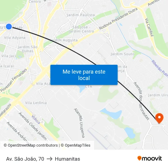 Av. São João, 70 to Humanitas map