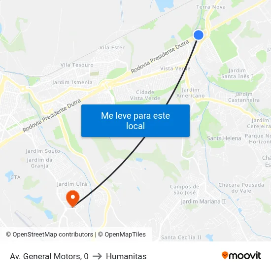 Av. General Motors, 0 to Humanitas map