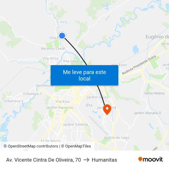 Av. Vicente Cintra De Oliveira, 70 to Humanitas map