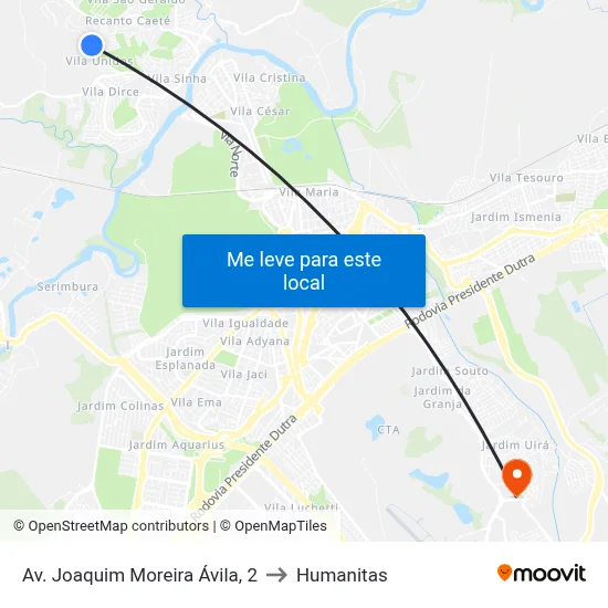Av. Joaquim Moreira Ávila, 2 to Humanitas map