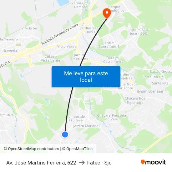 Av. José Martins Ferreira, 622 to Fatec - Sjc map