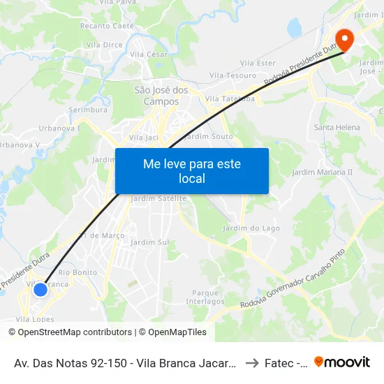Av. Das Notas 92-150 - Vila Branca Jacareí - SP Brasil to Fatec - Sjc map