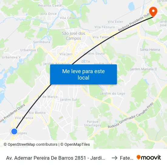 Av. Ademar Pereira De Barros 2851 - Jardim Santa Maria Jacareí - SP Brasil to Fatec - Sjc map