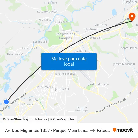 Av. Dos Migrantes 1357 - Parque Meia Lua Jacareí - SP Brasil to Fatec - Sjc map