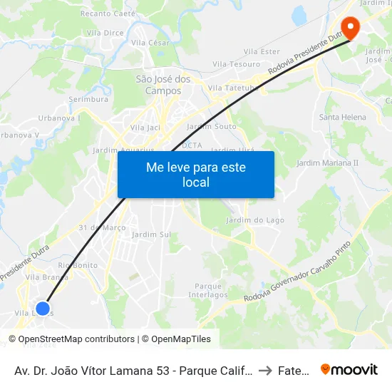Av. Dr. João Vítor Lamana 53 - Parque California Jacareí - SP Brasil to Fatec - Sjc map