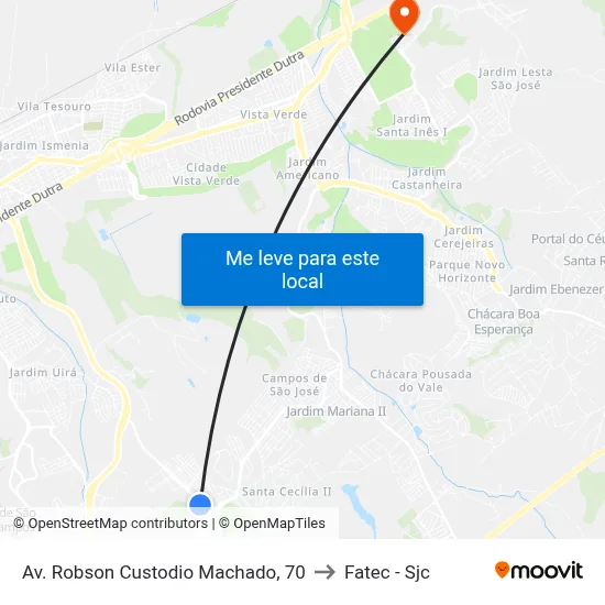 Av. Robson Custodio Machado, 70 to Fatec - Sjc map