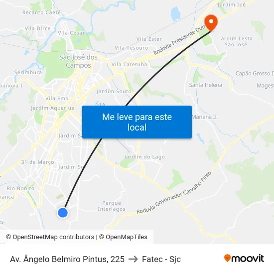 Av. Ângelo Belmiro Pintus, 225 to Fatec - Sjc map