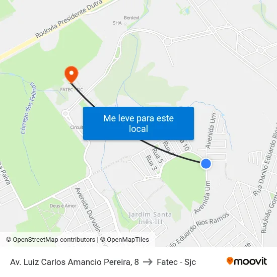 Av. Luiz Carlos Amancio Pereira, 8 to Fatec - Sjc map