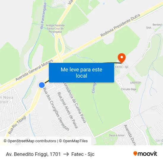 Av. Benedito Friggi, 1701 to Fatec - Sjc map