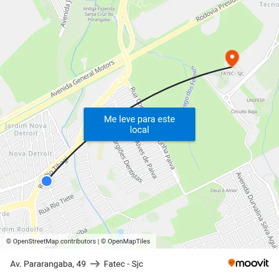 Av. Pararangaba, 49 to Fatec - Sjc map